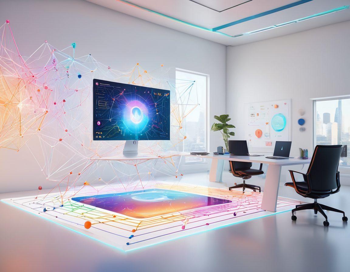 A futuristic workspace showcasing a vibrant digital interface where colorful nodes are connected by sleek lines, representing drag-and-drop connectivity. A developer is seated, interacting with floating, holographic elements, symbolizing the prowess of jsPlumb. The background features a mix of glowing code snippets and abstract geometric shapes to evoke innovation. super-realistic. vibrant colors. white background.